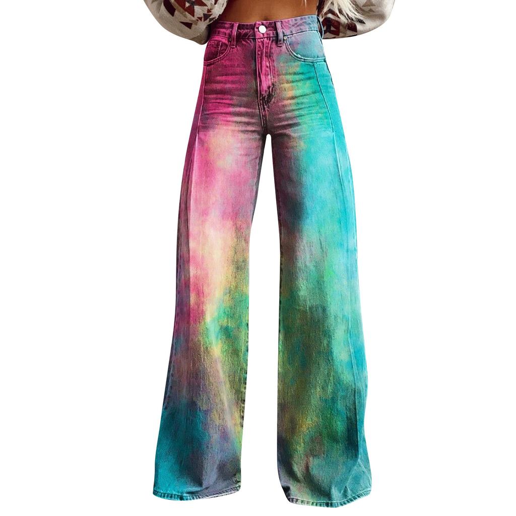 Wide Leg Flare Jeans For Women With Pockets Baggy Pants Vintage Floral Print High Waisted Loose Pant