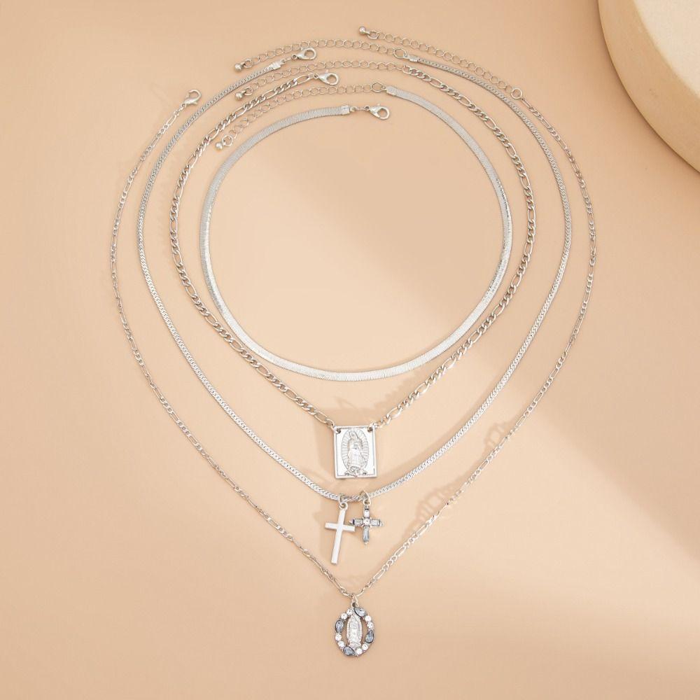 Crystal Multilayer Pendant Necklace Love Bowknot Y2K Metal Necklace Cool Beaded Necklace Daily