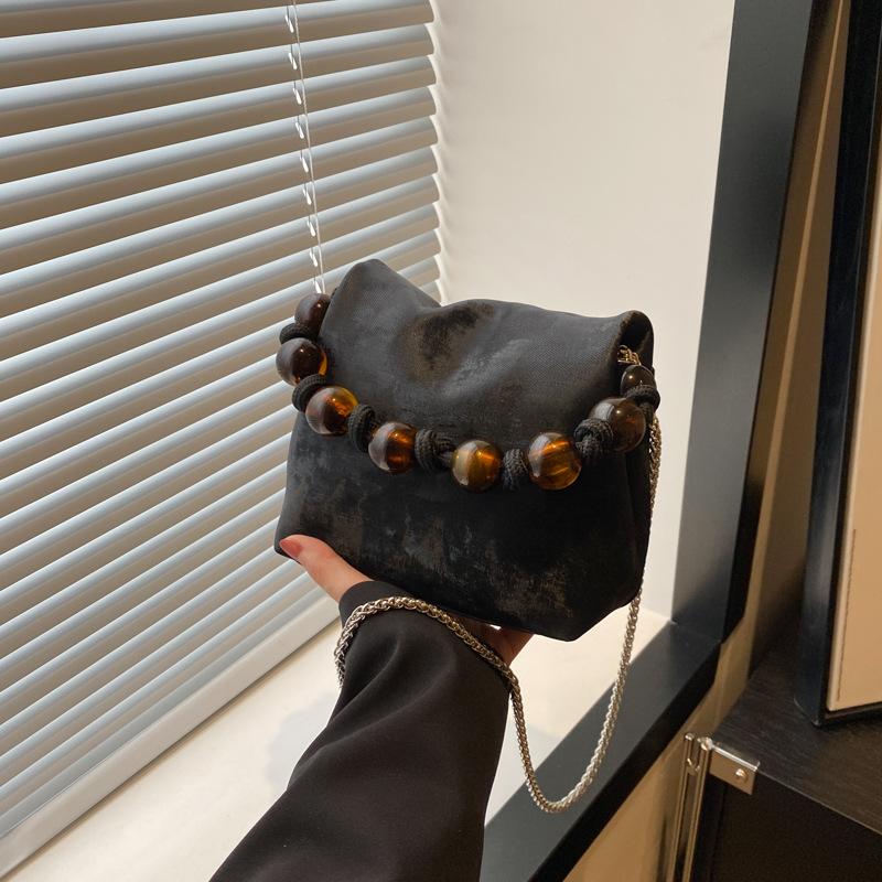 Новая плиссированная сумка-облако в китайском стиле для женщин, новая модная однотонная сумка через плечо на одно плечо, сумка-ведро с бисером в китайском стиле