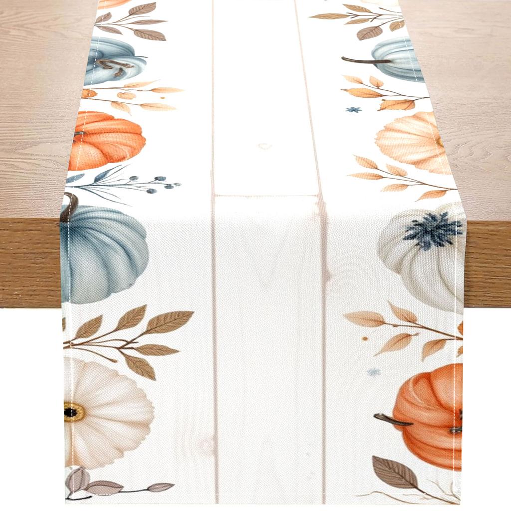 1 Piece Of Autumn-Themed Watercolor Table Runner With Pumpkins, Autumn Leaves, And Small Flowers, Suitable For Autumn And Thanksgiving Decorations