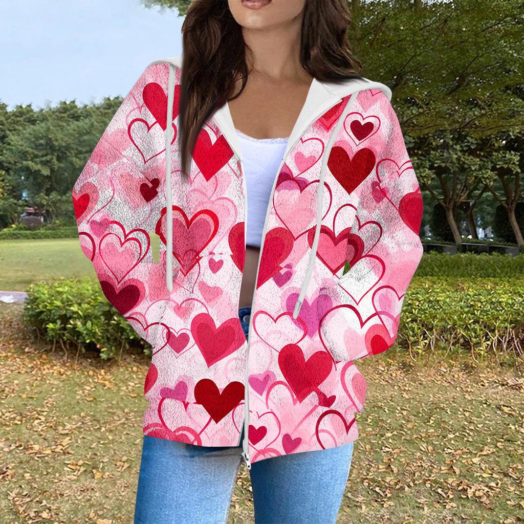 Women's Fashion Casual Long Sleeve Valentine's Day Print With Pocket Zipper Cardigan Jacket