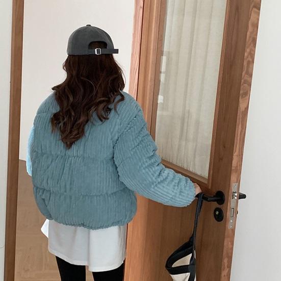 Women's Winter Jacket Corduroy Puffer Short Down Jacket Warm Quilted Cotton Coat Stand Collar Outerwear for