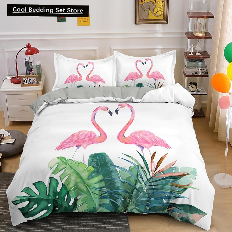 Пододеяльник с изображением животных фламинго King Queen, розовый, с тропическими птицами, комплект постельного белья для детей, подростков, взрослых, синий, мягкий, 2/3 шт., пододеяльник
