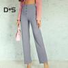 Women Pants High Waist Wide Leg Straight Loose Solid Color Button Closure Elastic Pockets Casual Lady Soft Trousers