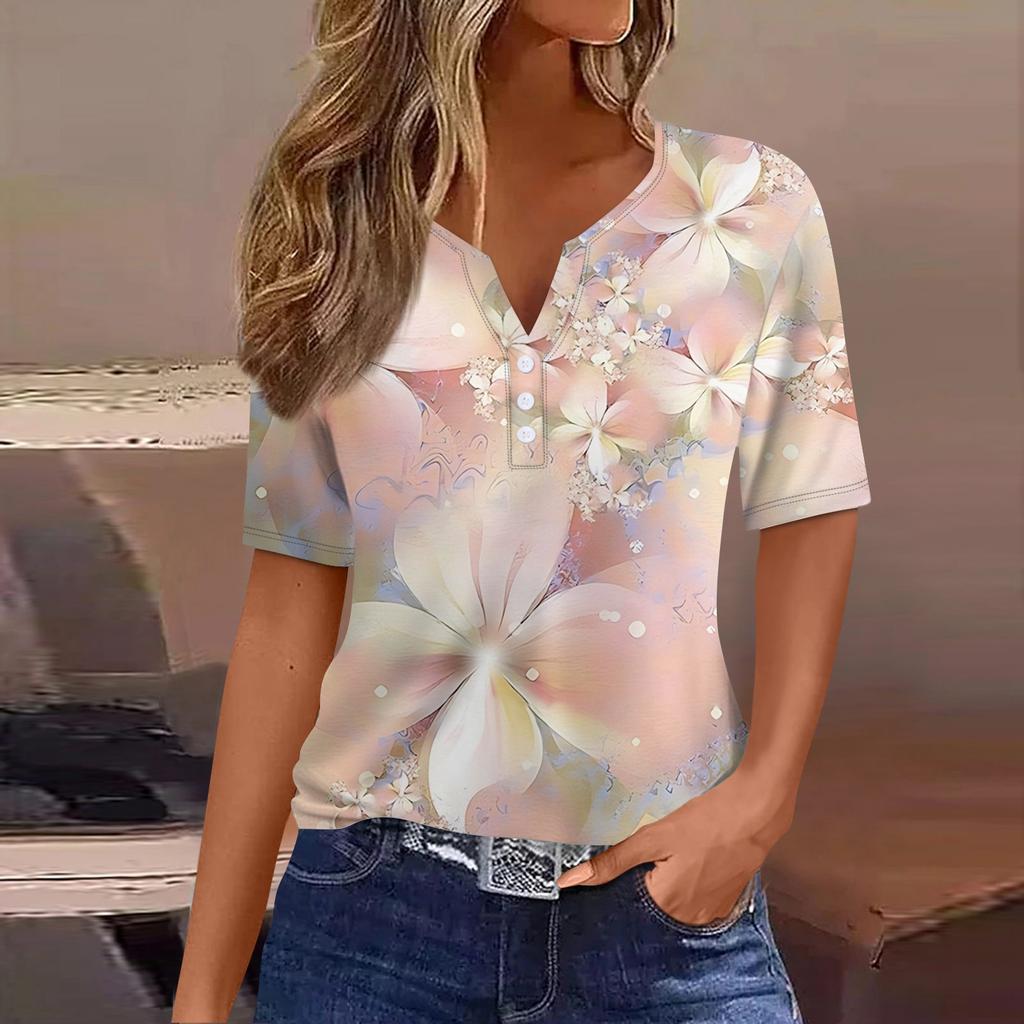 Женская повседневная футболка с v-образным вырезом и коротким рукавом с цветочным принтом и декоративными пуговицами, топ