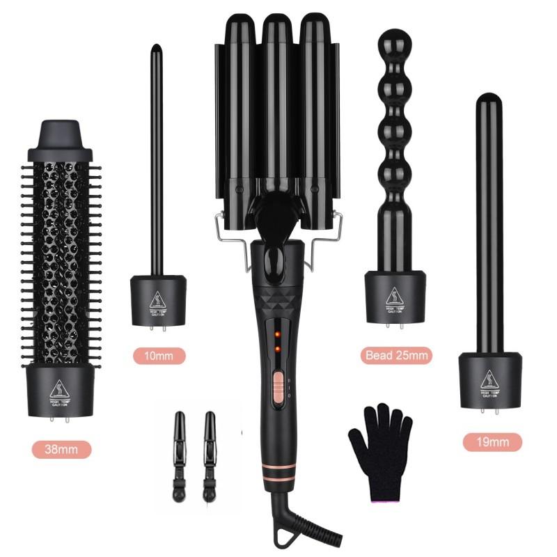 5-in-1 Curling Wand 100% Tourmaline Ceramic Press Detachable Barrels Plastic Stand 2 Heat Settings OEM ODM