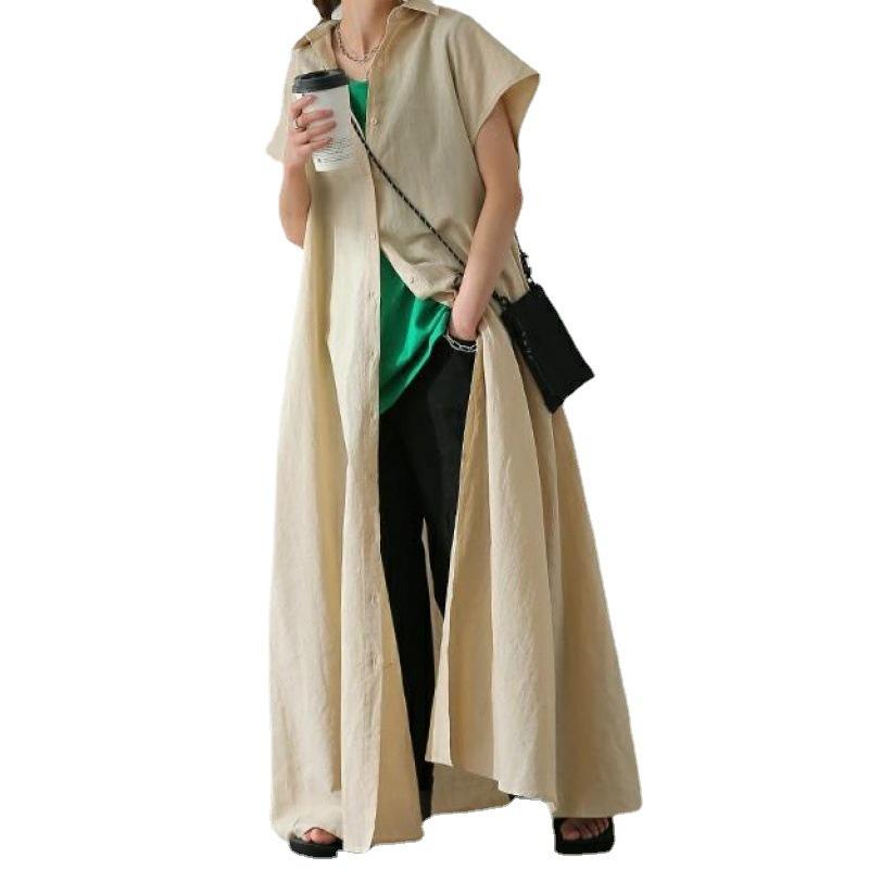 Женское платье свободного кроя, пуловер, с короткими рукавами, из хлопка и льна