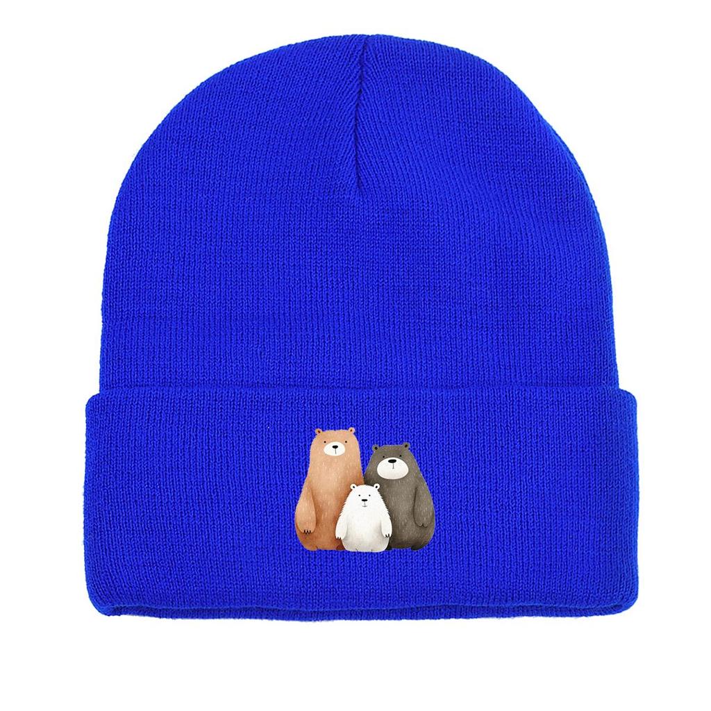 Cartoon Bear Family Print Knitted Cap Beanie, Cute Animal Skull Cap Warm Elastic Headwear Headwear Knit Hat Beanie