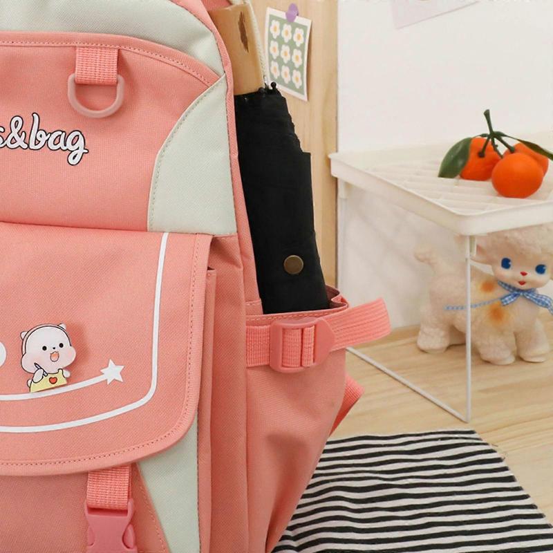 4pcs Cartoon Nylon School Backpack Shoulder Bags Travel Daypacks Bookbag Pencil for Case Purple