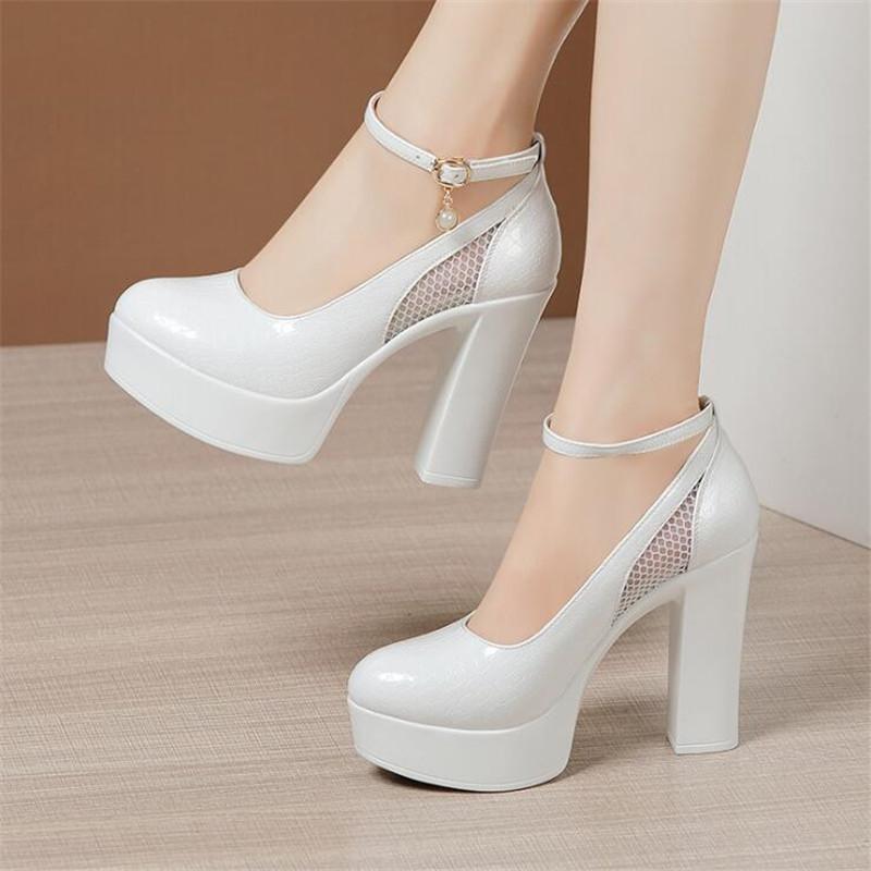 Женские туфли из натуральной кожи с круглым носком, на платформе и высоком каблуке, модные туфли для вечеринок и свадеб, черные рабочие туфли, большие размеры 32-43