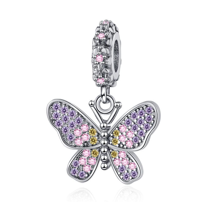 2026 925 Sparkling Blue Pink Butterfly Dangle Charms Beads Fit Original Silver Bracelet Necklace DIY Jewelry Gift for Women