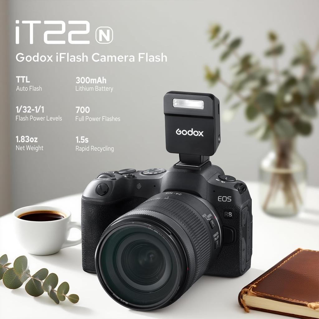 Godox TTL Mini Camera Flash for Intuitive Recycle Approximately 700 Compact Black iT22-N Nikon, Display, 1.5-Second Time, Built-in USB-C Charging,