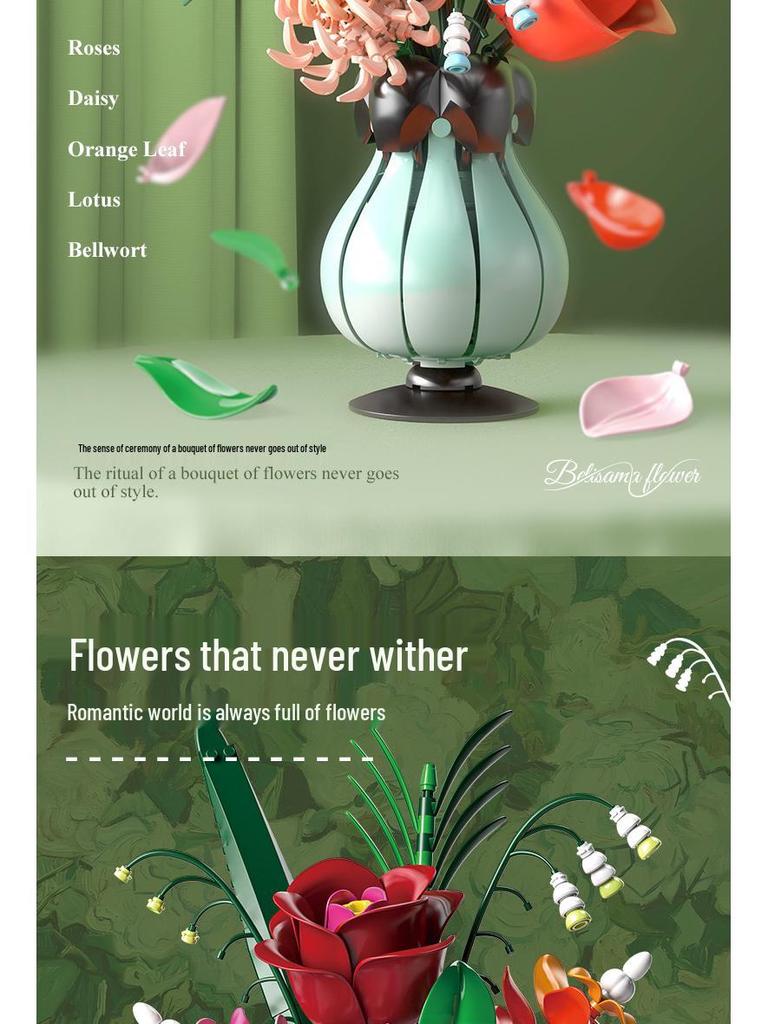 Building Block Flower Bouquet - Decorative Simulated Floral Gift for Girls