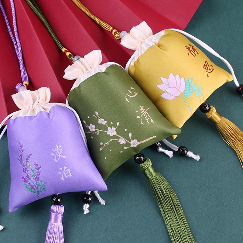 1PC Woven Embroidered Silk Style Sachet Bag Stitching Tassel Drawstring Bag Reusable Lotus Plum Flower 8x12CM