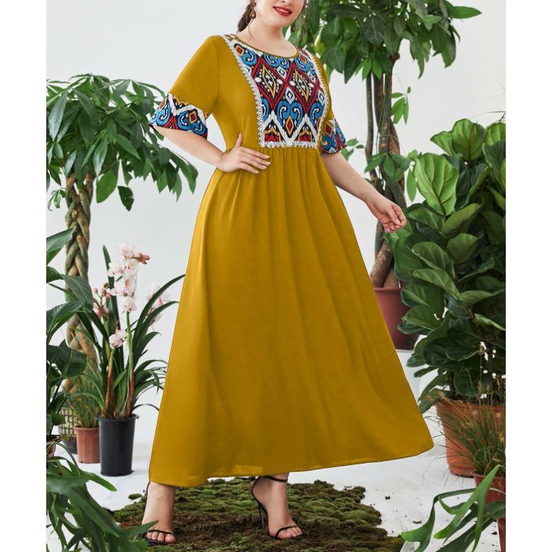 Plus Size Women's New Vintage Print Patchwork Elastic Waist Cover Belly Long Dress