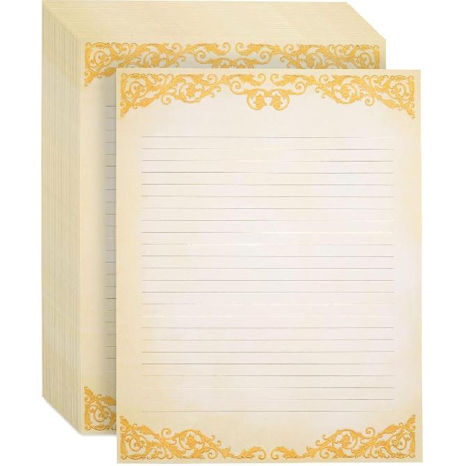 Pipilo Press Letter Writing Paper Set - 48 Sheets, 8.5 x 11 In, Ivory - Vintage Lined Stationery with Gold Border for Decorative & Fancy Handwritten