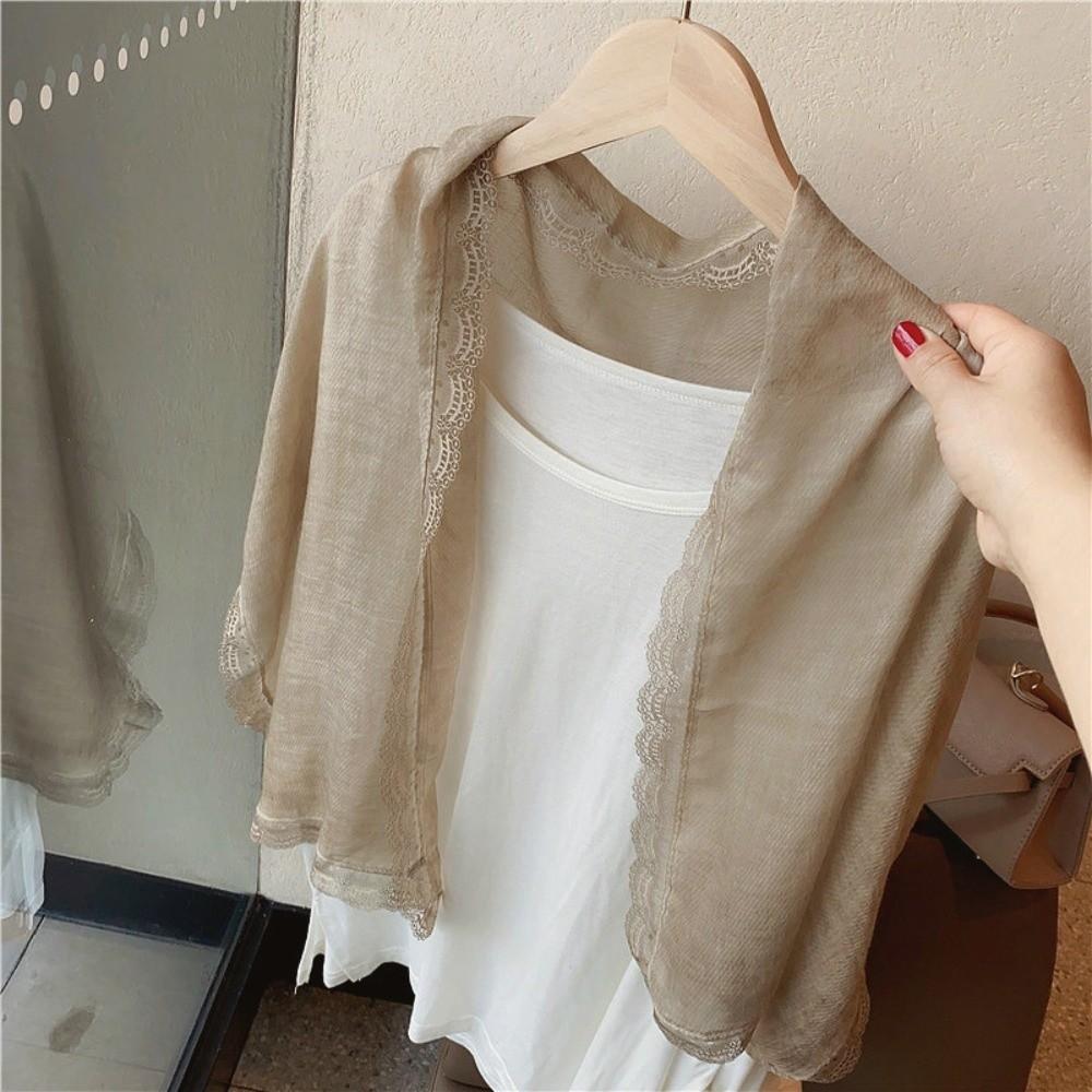 Solid Color Cotton Linen Scarf Lace Edge Silk Scarf Literary Flaxen Lace Scarf  for Women