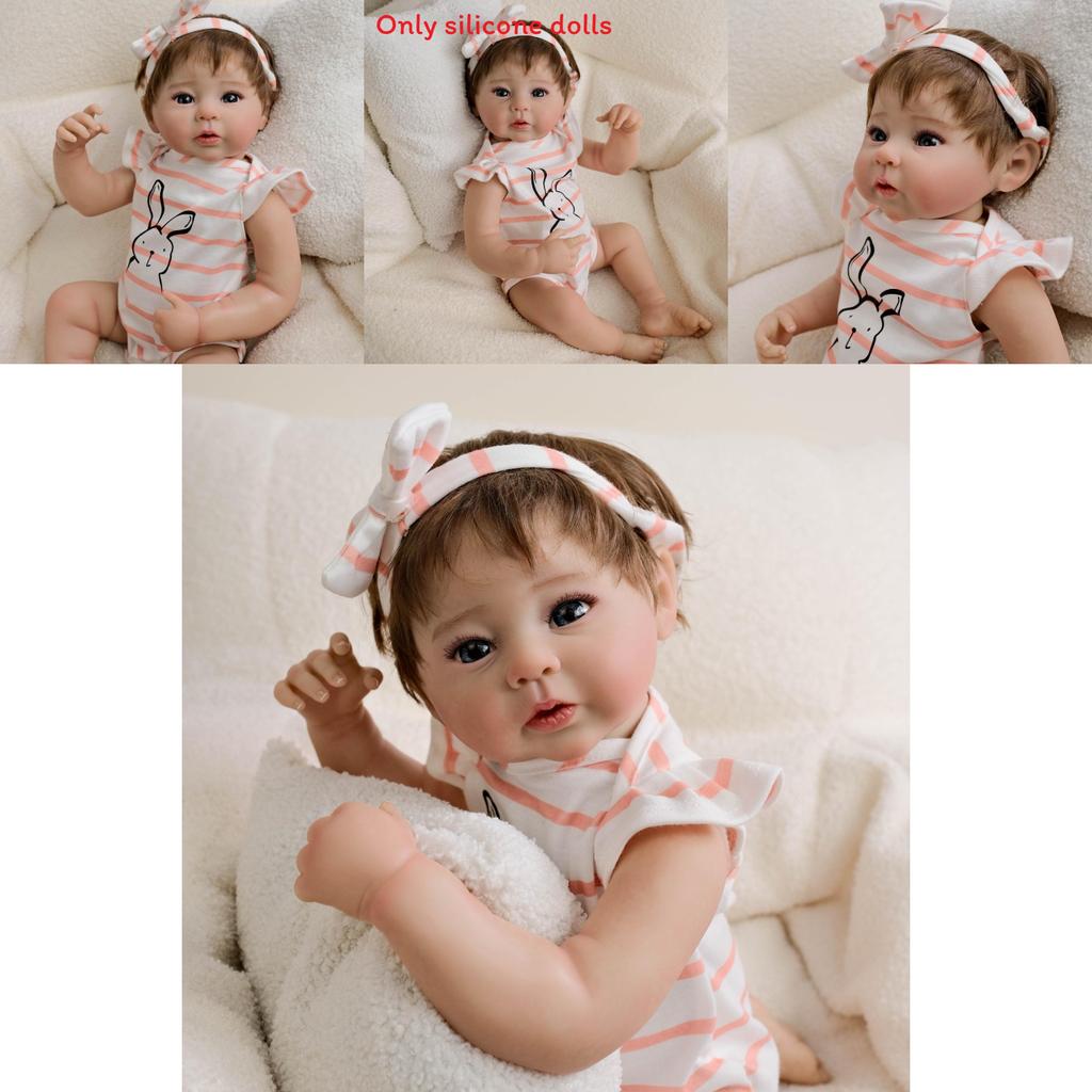 19inch Silicone Reborn Baby Doll With Striped Headband And Rabbit Print Clothing Decorationfor Collectors And Gift Givers