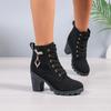New Spring and Autumn High Quality Solid Color Round Toe Lace-up Thick Heel Metal Decorated High-heeled Women's Boots