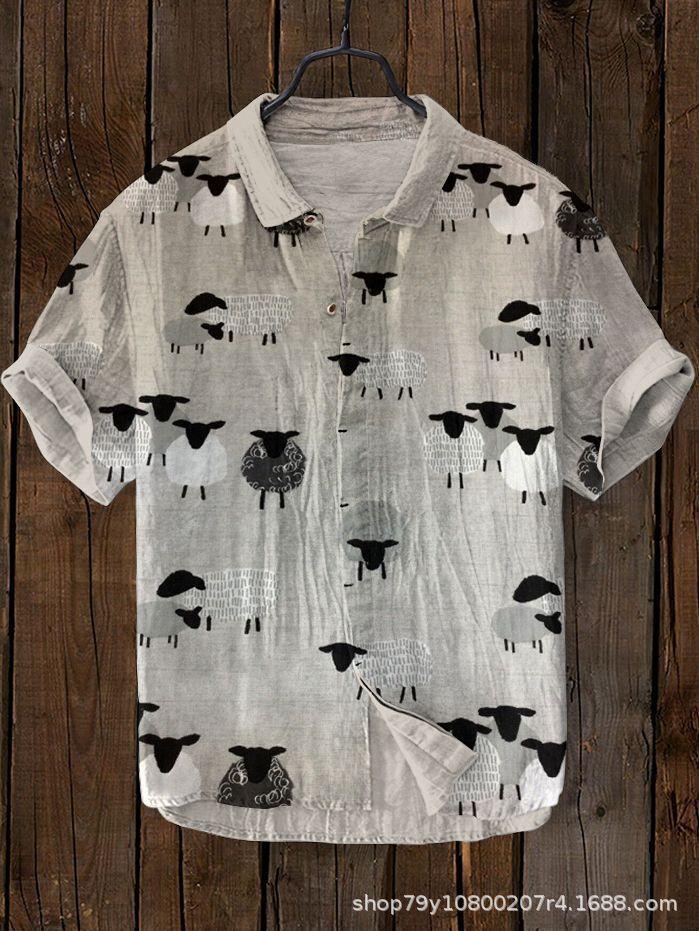 Summer Fashion Large Size Youth Men's Short Sleeve Shirt Linen Cardigan Lapel Funny Cat Ink Painting Print