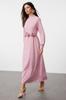 Women's Style Hijab Dress Satin Woven Dress with Dusty Rose Belt and Rose Detail