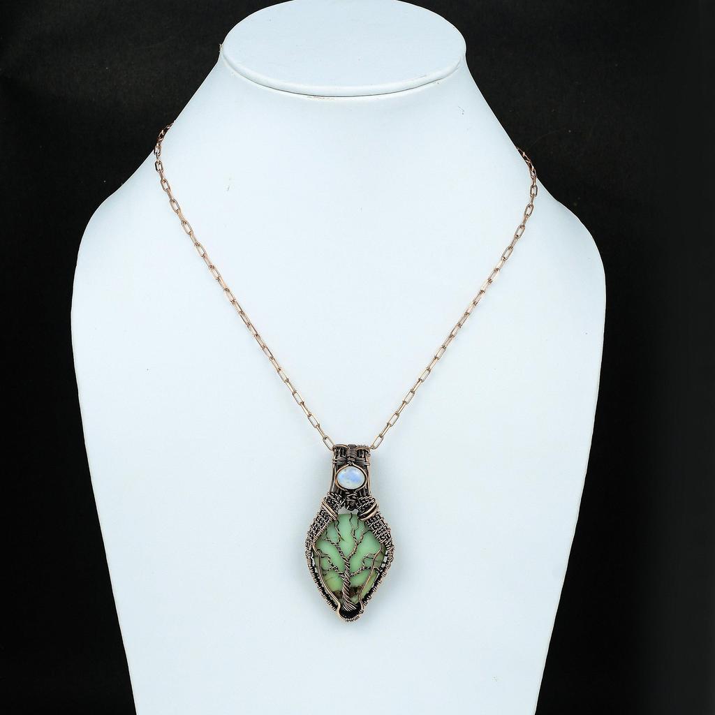 Древо жизни Подвеска из драгоценного камня хризопраз Медная проволока Ювелирные изделия Антикварные украшения Радужный лунный камень Ювелирные изделия Подарок для нее Подарок для матери