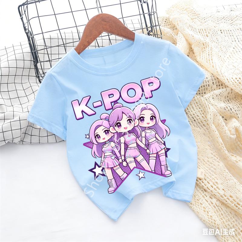 Girls KPOP Idol Group Print Short Sleeve Boys and Girls TShirt Cute Cartoon Graphic Tee Kids Summer Casual Top