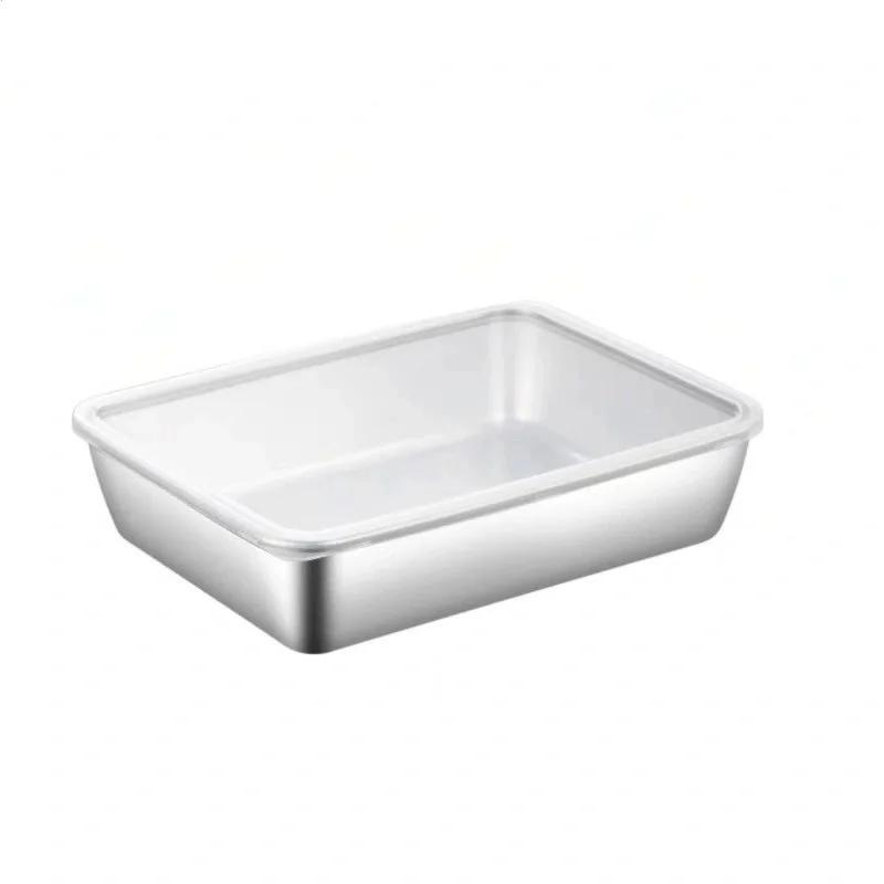 Stainless Steel Square Plate With Lid Rectangular Food Storage Pan Commercial Dish Tray Large Freshing Lunch Box Container