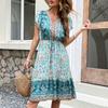 Women's Fashion Summer Spring Bohemia Flower Pattern Print Short Sleeve V-Neck High Waist Casual Dresses