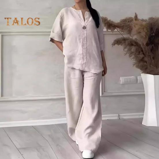 2 шт./компл., блузка, комплект брюк, V-образный вырез, длинные рукава, декор пуговиц, топ с широкими штанинами, свободные брюки с эластичной резинкой на талии, OL, повседневная домашняя одежда для поездок на работу, наряд