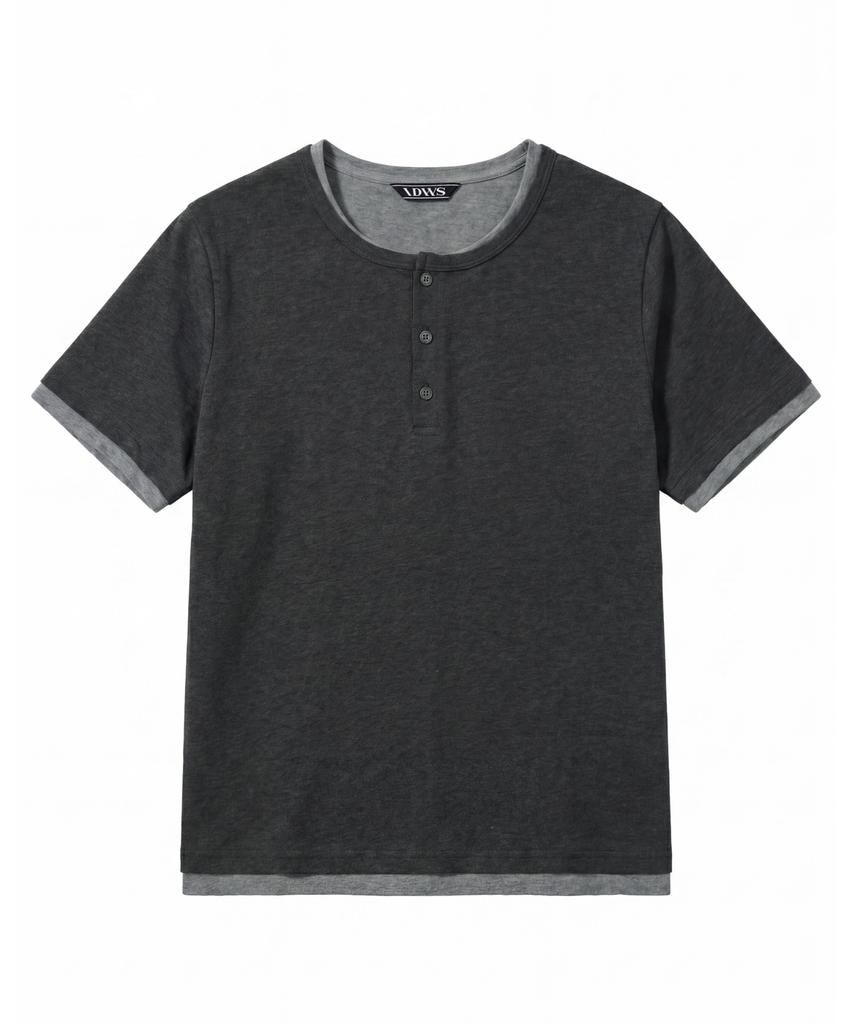 IDWS Layered Henley Neck T-Shirt Charcoal