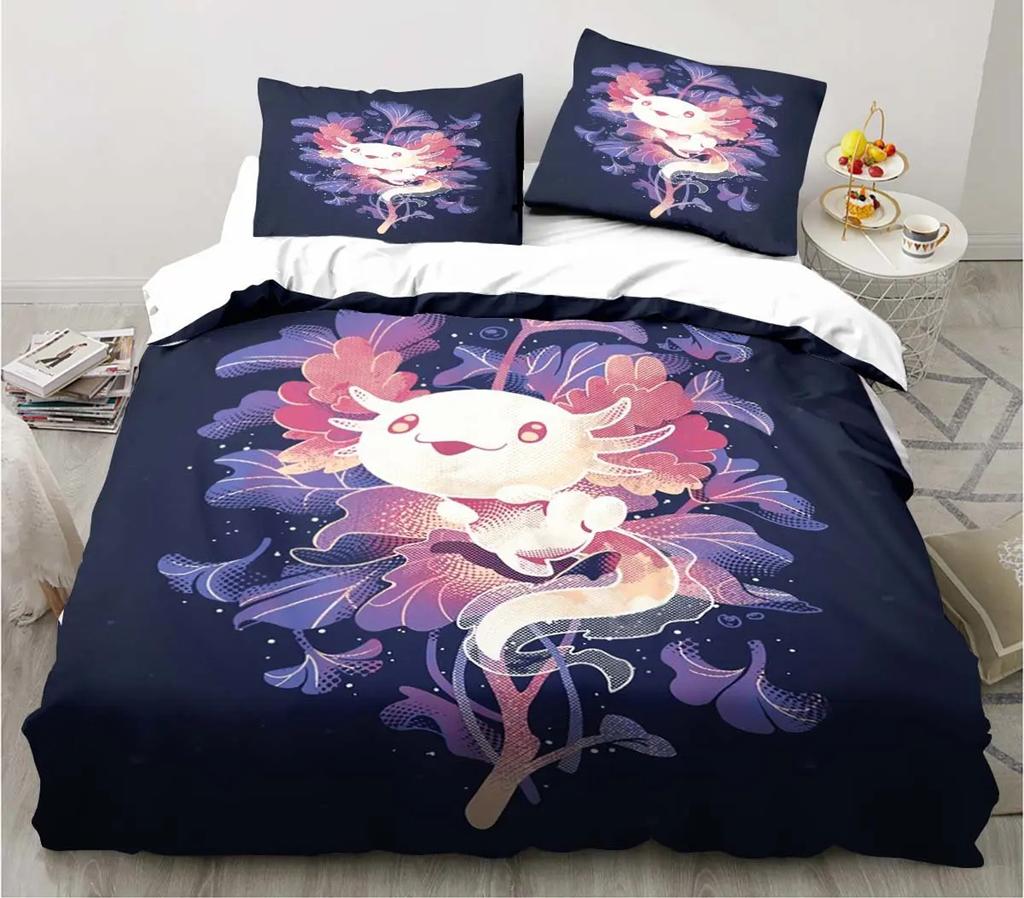 Cute Kawaii Axolotl Art Christmas Navidad Gift King Twin Double Child Customized Bedding Set Duvet Cover with Pillowcase 3 Piece