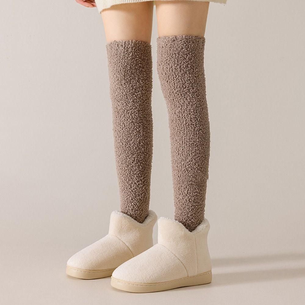 1Pair Solid Color Long Tight Socks Coral Fleece Foot Warmers New Boot Socks Fall Winter
