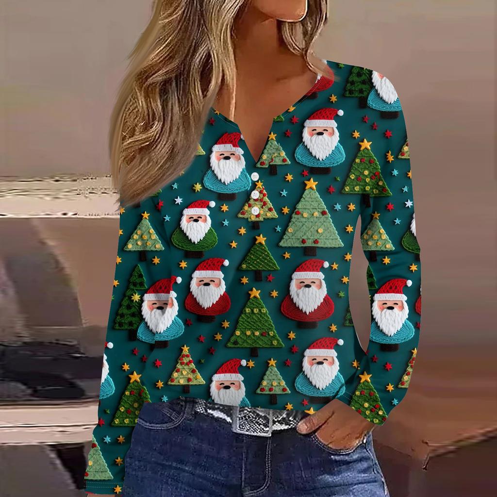 Женская модная повседневная футболка с V-образным вырезом, на пуговицах, с длинным рукавом, с рождественским принтом