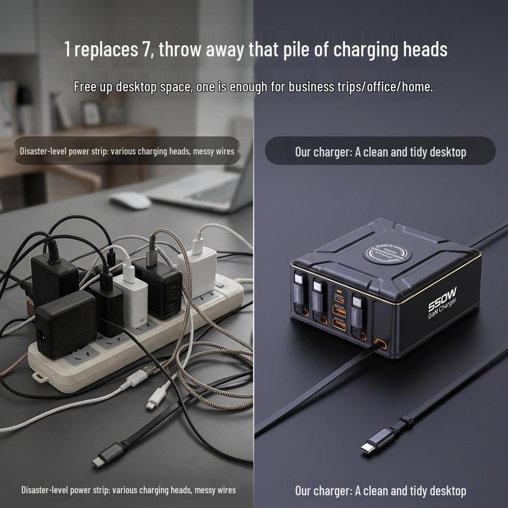 550W Gallium Nitride Multi-Port Charger with Retractable Cable & Wireless Charging - All-in-One Device Charger