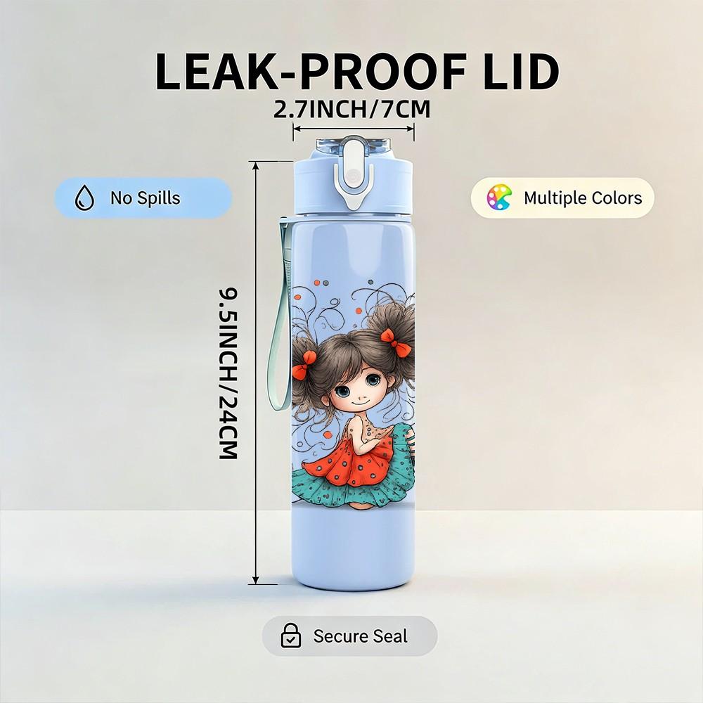 1PC Curly Hair Little Girl Art 750ml Color Plastic Sports Water Bottle Leakproof Flip Straw Lid Suitable for Sports Office Home Use