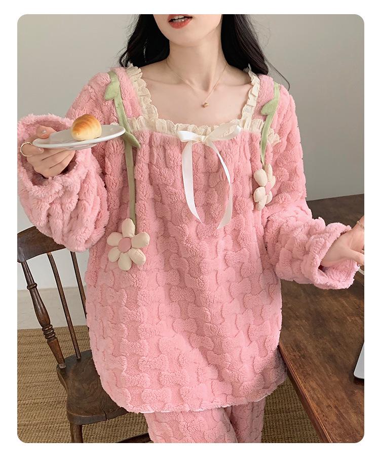 Женская пижама в стиле принцессы из кораллового вельвета - Осеннее кружево, Толстый и теплый домашний костюм