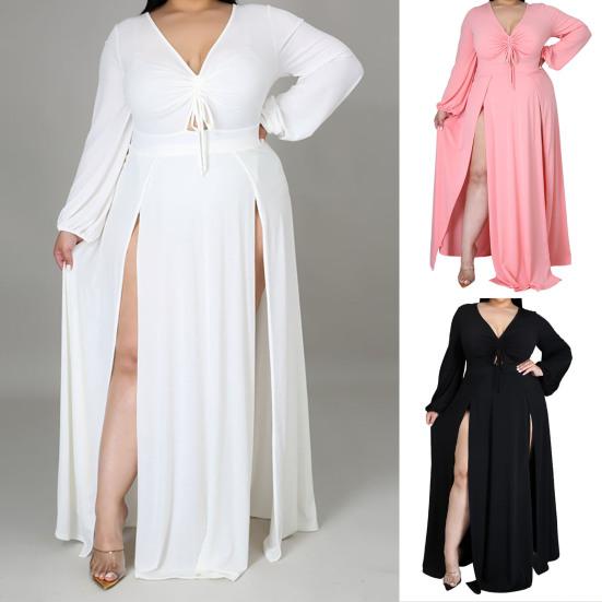 Сплошное цветное платье макси с разрезом подол, женское платье с v-образным вырезом и гофрировкой длиной до пола, платье большого размера, уличная одежда