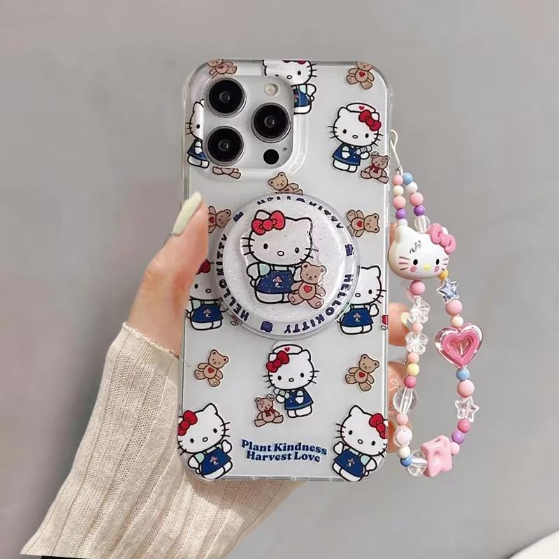 Magnetic Wireless Charging Hello Kitty Bracket Chain Case For Iphone 15 14 13 12 11 Pro Max 13 MINI XR XS Max 7 8 Plus SE Casing