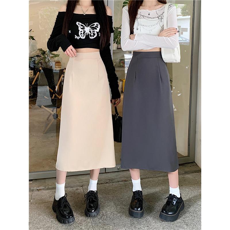 2024 Women's French-Style Midi Skirt - Black High Waist A-Line Pencil Skirt