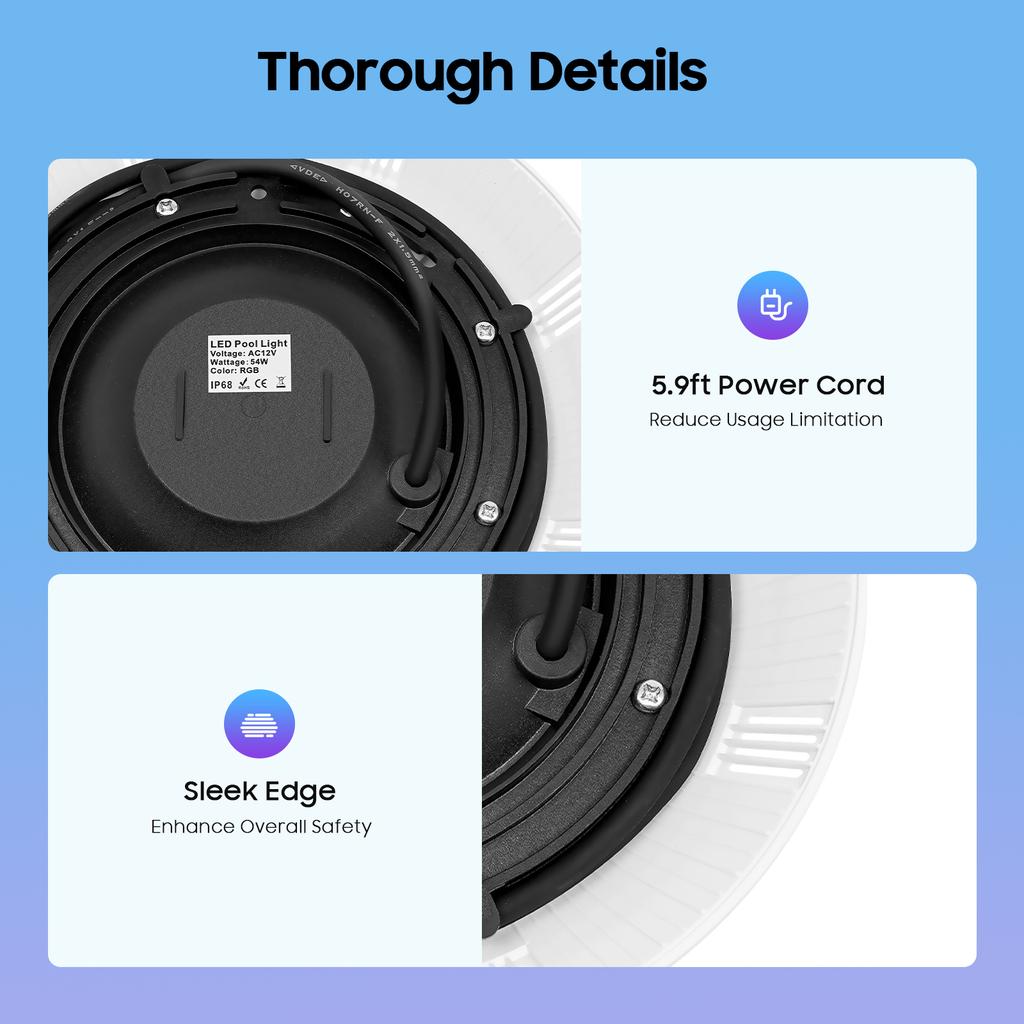 RGB LED Pool Light IP68 Waterproof 4200LM 54W with Remote Control for Swimming Pools Ponds Water Features