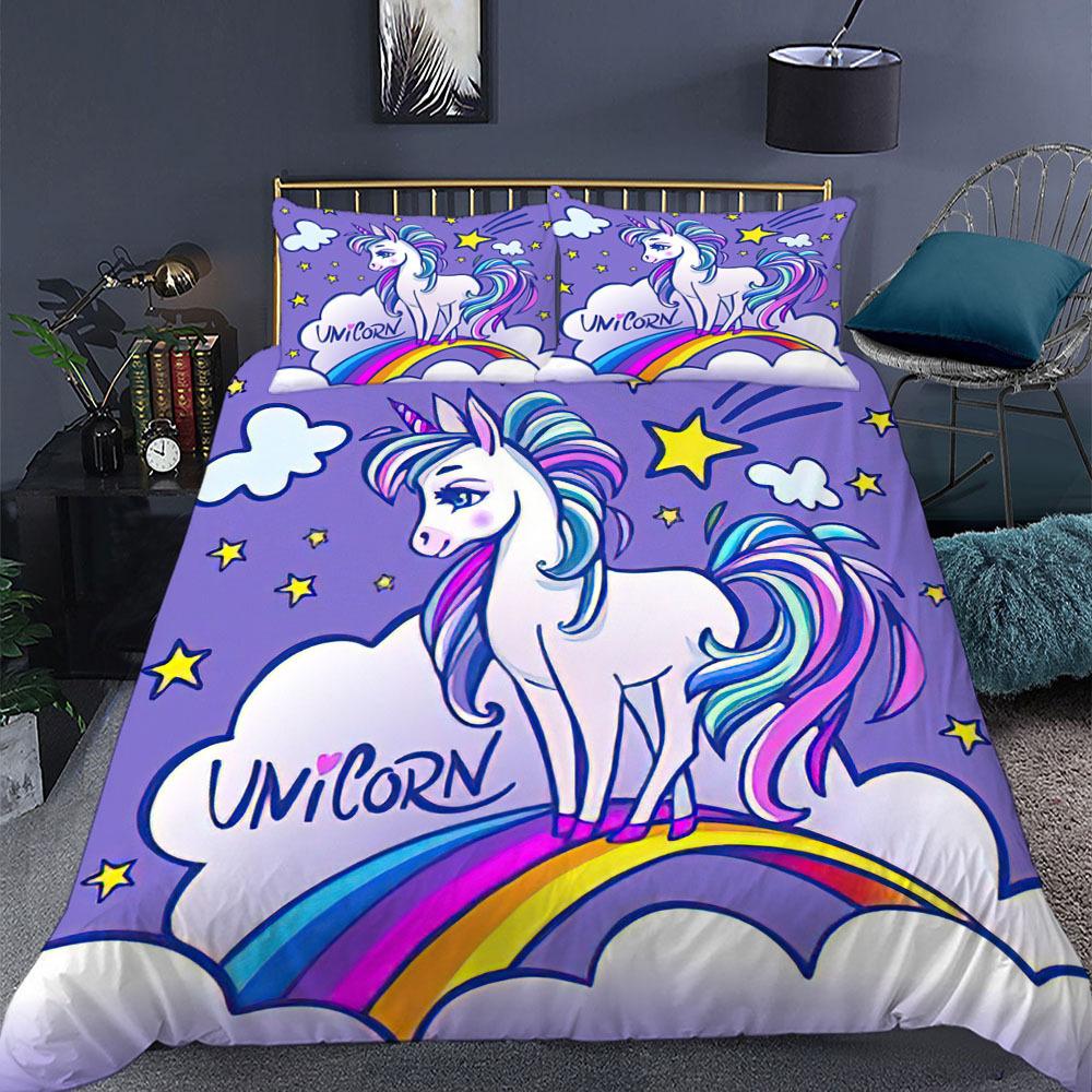 Unicorn Duvet Cover Set King Queen Size Pink 3D Print Cute Unicorn Star Rainbow Cloud for Kids Girls Boys Polyester Bedding Set