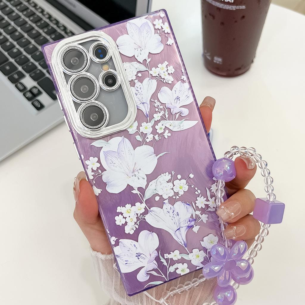 Samsung S25 Ultra Mobile Phone Case Laser Texture Flower and Grass Lens Film S24FE Bracelet A56 Electroplated Hard Shell