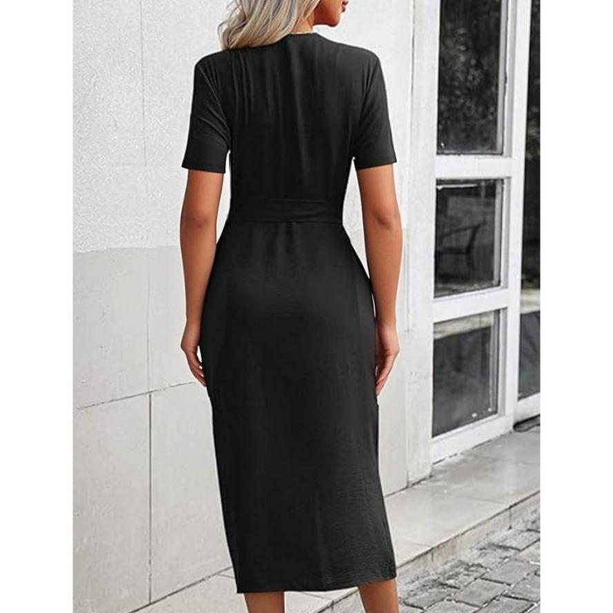 YYFS Женские модные летние весенние однотонные повседневные платья с v-образным вырезом и короткими рукавами и высокой талией