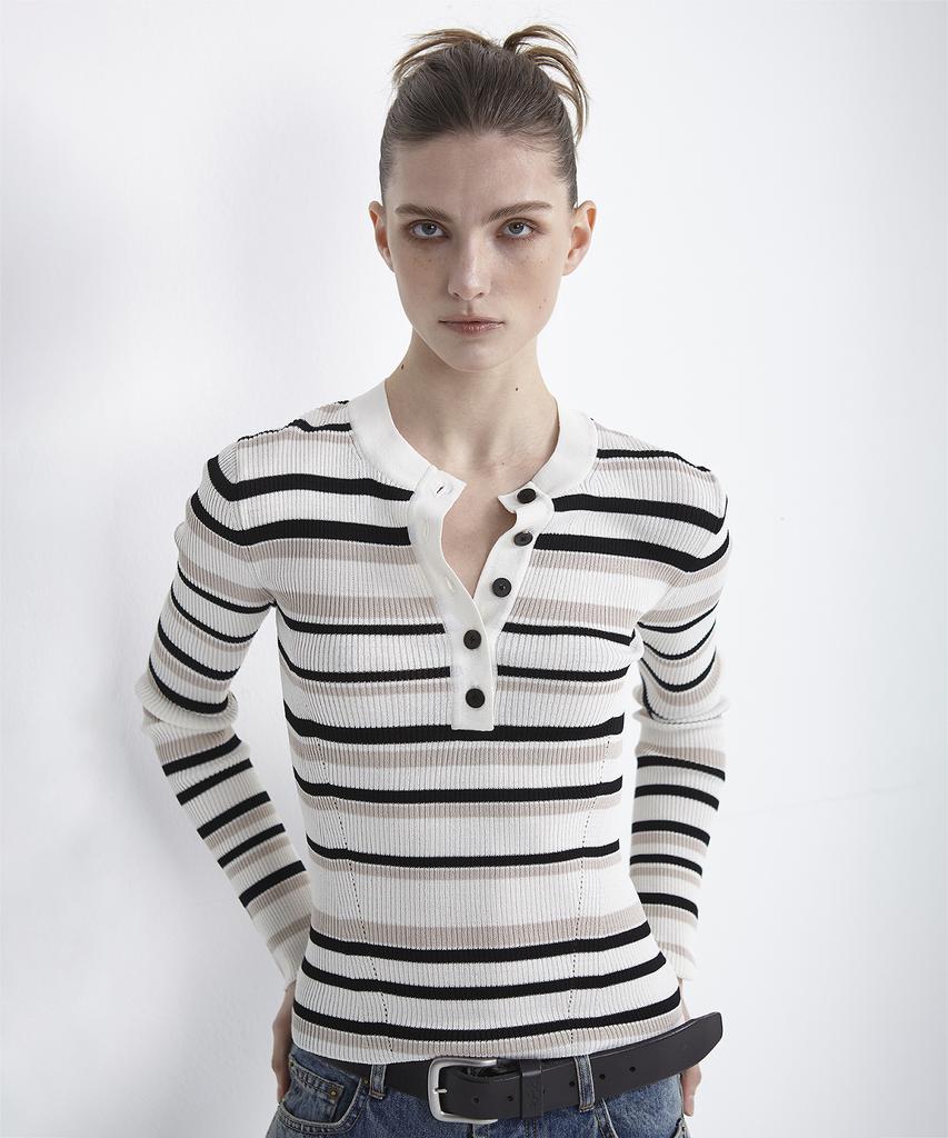 EAN JO 5-Button Pullover Henley Neck Knit (Stripe)