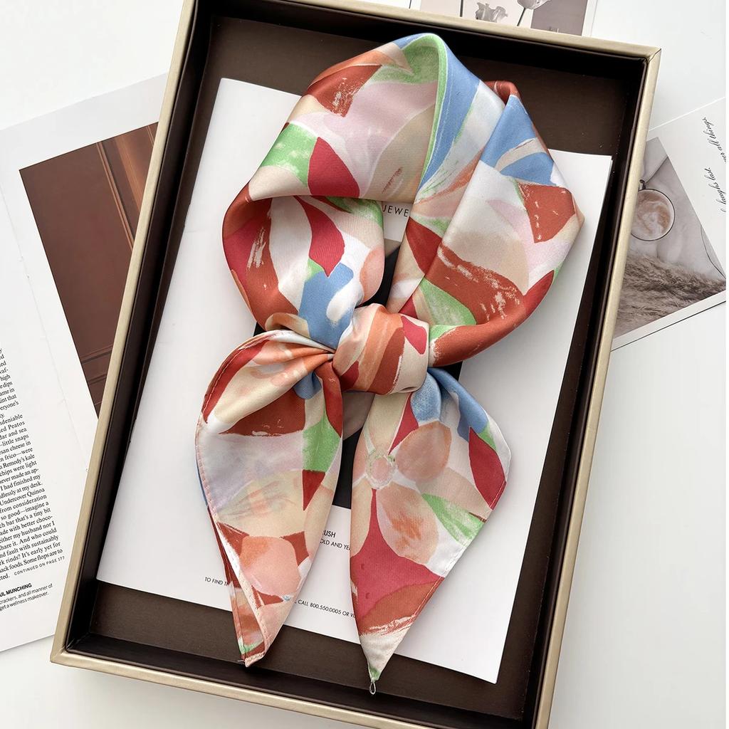 Color-blocked Print Shawl Square Scarf for Women Satin Fashion Wraps Neckerchief Female Hair Bands Ribbon Headband Bandana