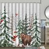 Christmas Shower Curtain, Winter Farm Barn Snowman Animal Moose Berry Christmas Tree Snow Scene Red Bird Bathroom Decoratio.