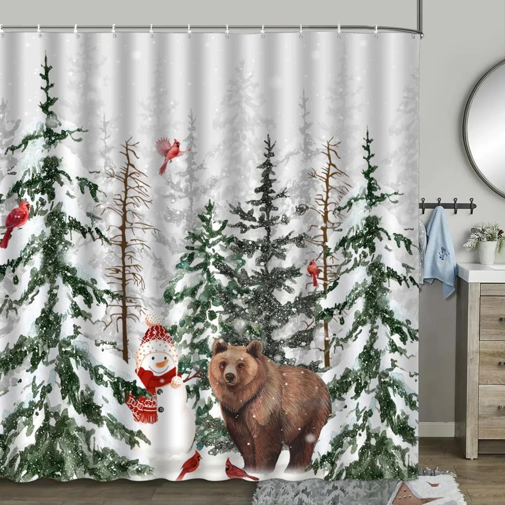 Christmas Shower Curtain, Winter Farm Barn Snowman Animal Moose Berry Christmas Tree Snow Scene Red Bird Bathroom Decoratio.