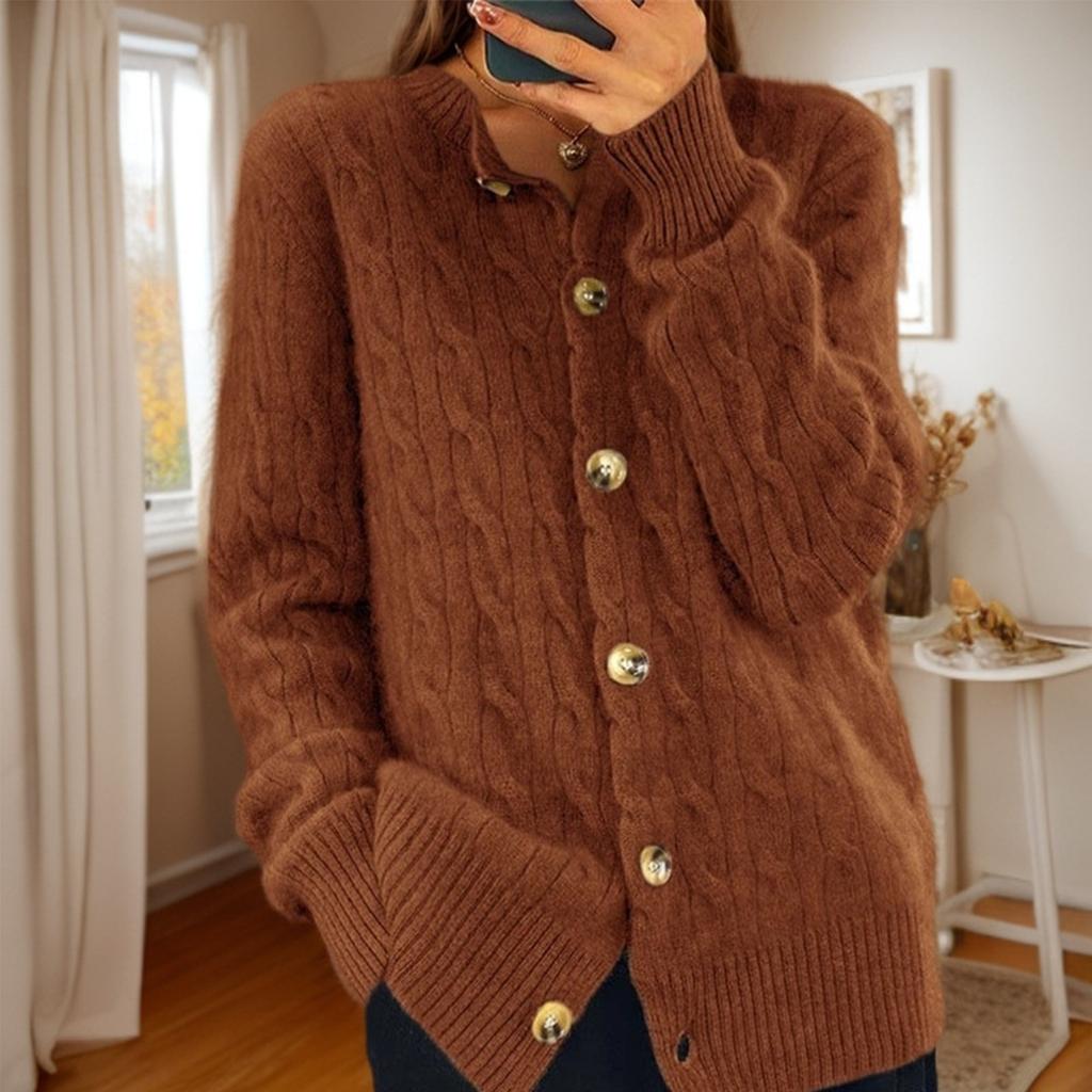 Женская мода однотонный длинный рукав круглый вырез вязаный кардиган пуговиц свитер куртка