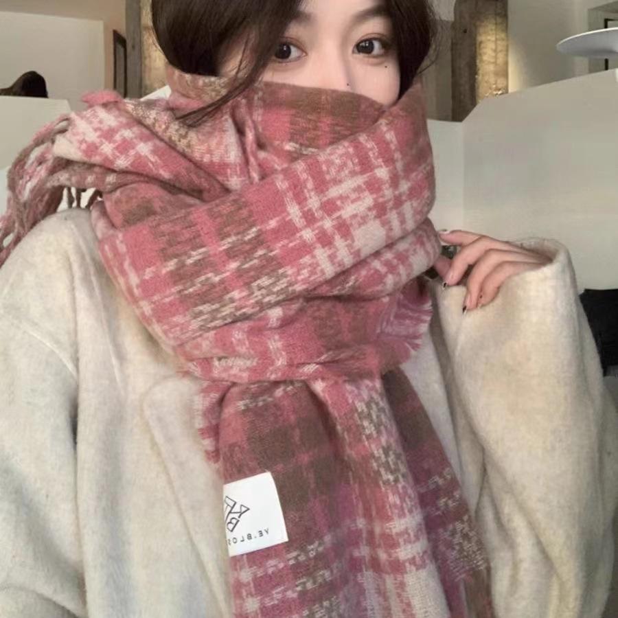 Winter Dry Rose Pink Plaid Scarf Women's Atmosphere Thickened Warm Shawl White Soft Fringed Scarf
